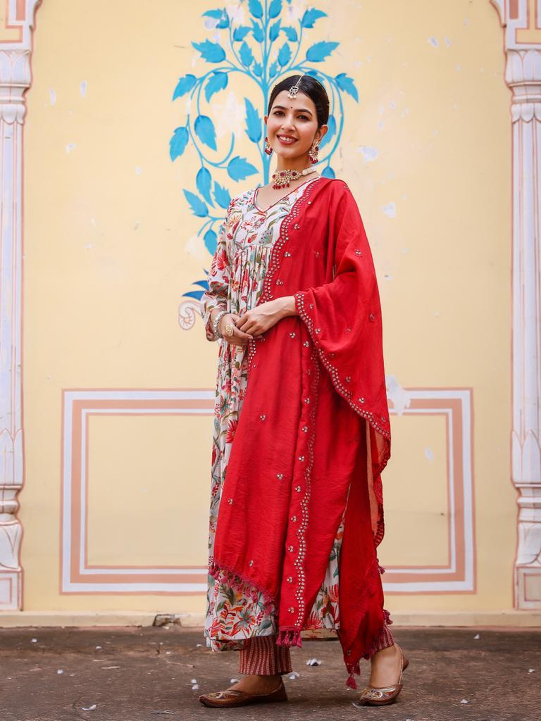 Ivory-red Embroidered Anarkali Suit Set