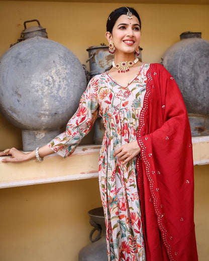 Ivory-red Embroidered Anarkali Suit Set