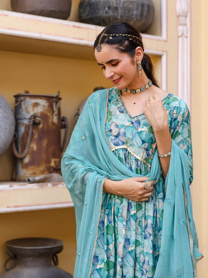 Blue Floral Anarkali Suit Set