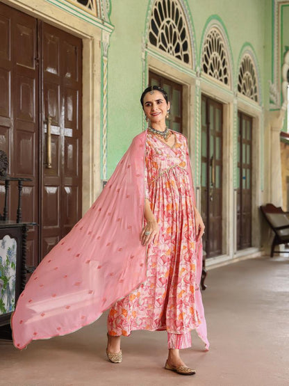 Pink Floral Anarkali Suit Set