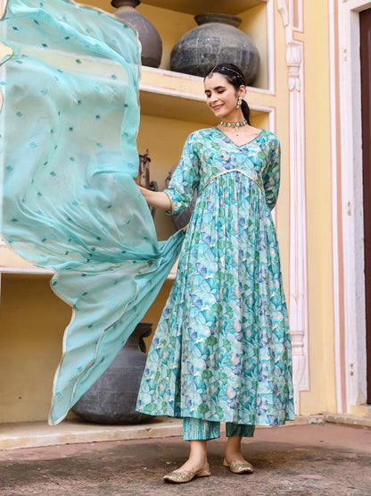 Blue Floral Anarkali Suit Set