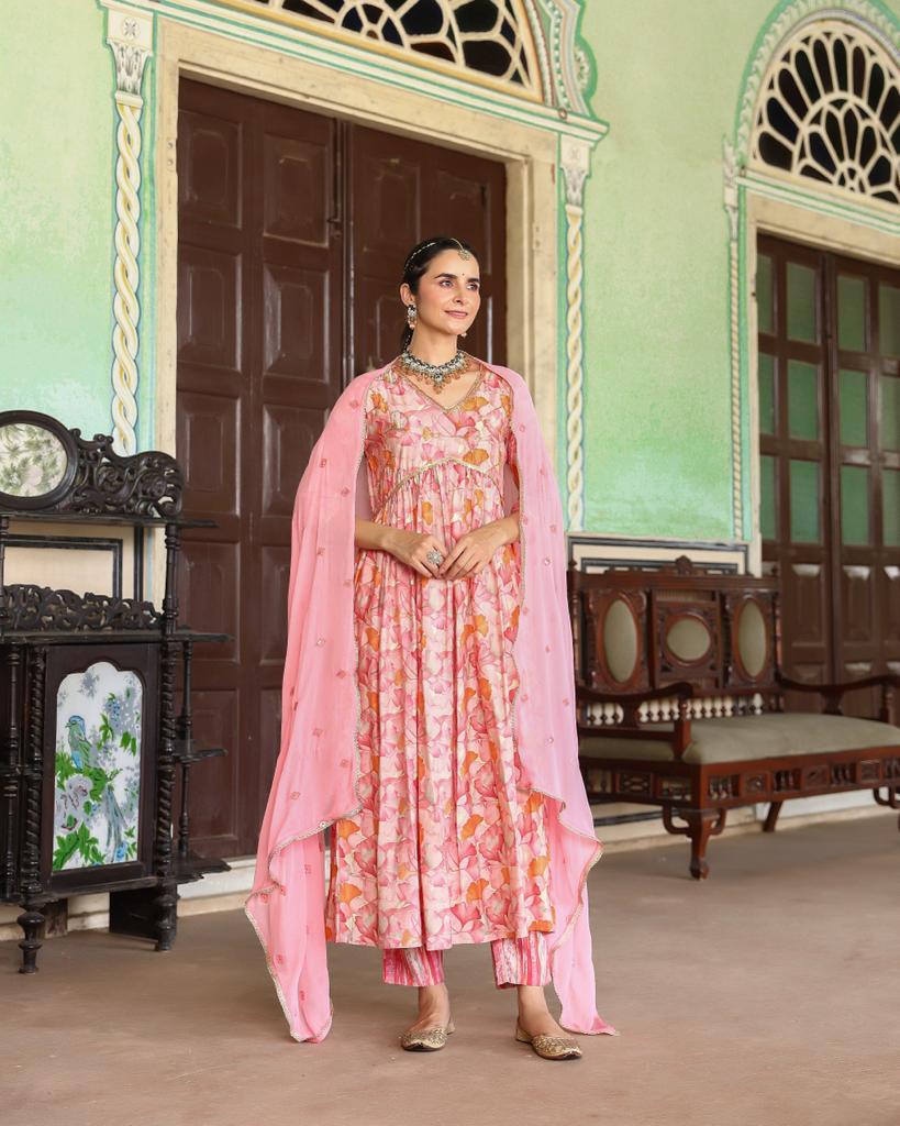 Pink Floral Anarkali Suit Set