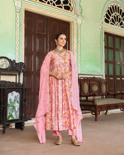 Pink Floral Anarkali Suit Set