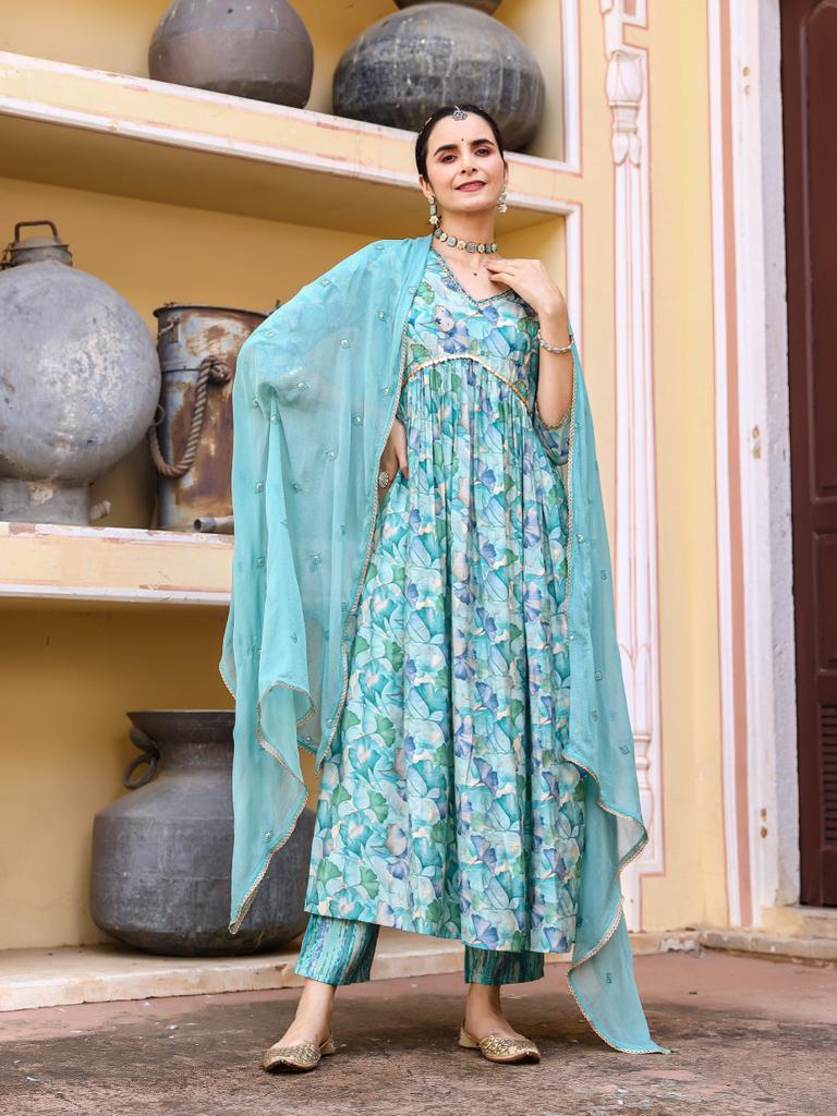 Blue Floral Anarkali Suit Set
