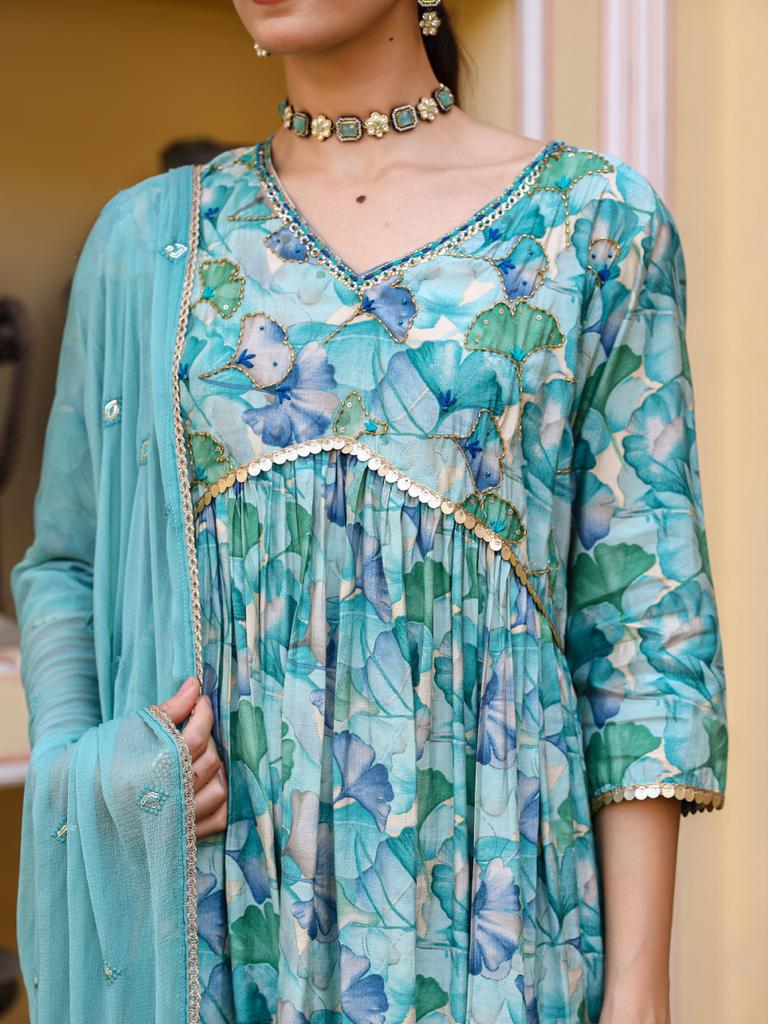 Blue Floral Anarkali Suit Set