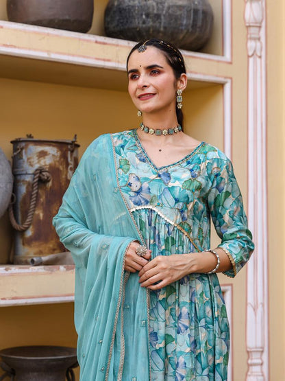 Blue Floral Anarkali Suit Set