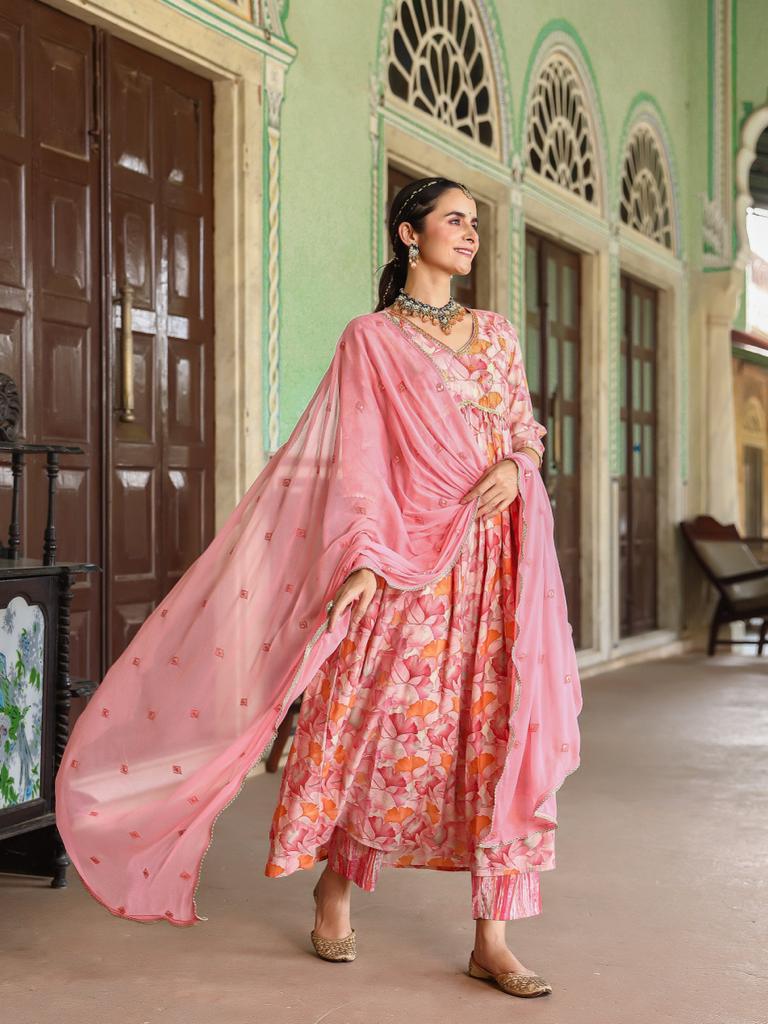 Pink Floral Anarkali Suit Set