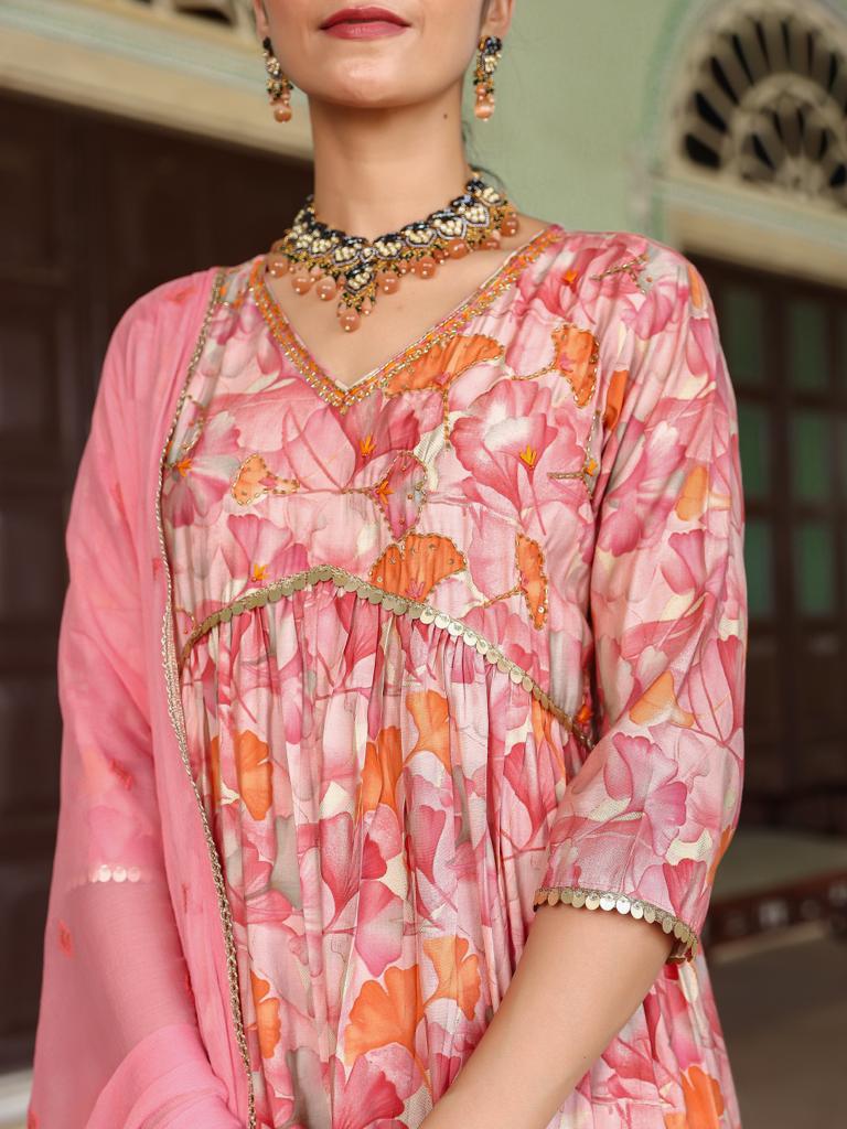 Pink Floral Anarkali Suit Set