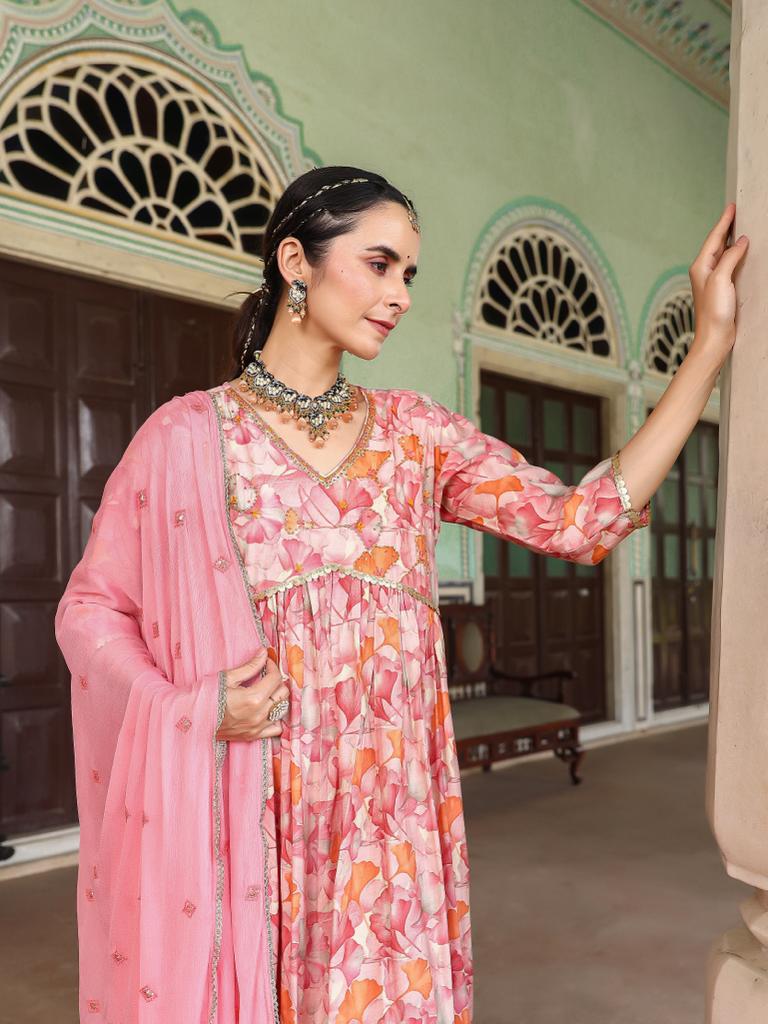 Pink Floral Anarkali Suit Set