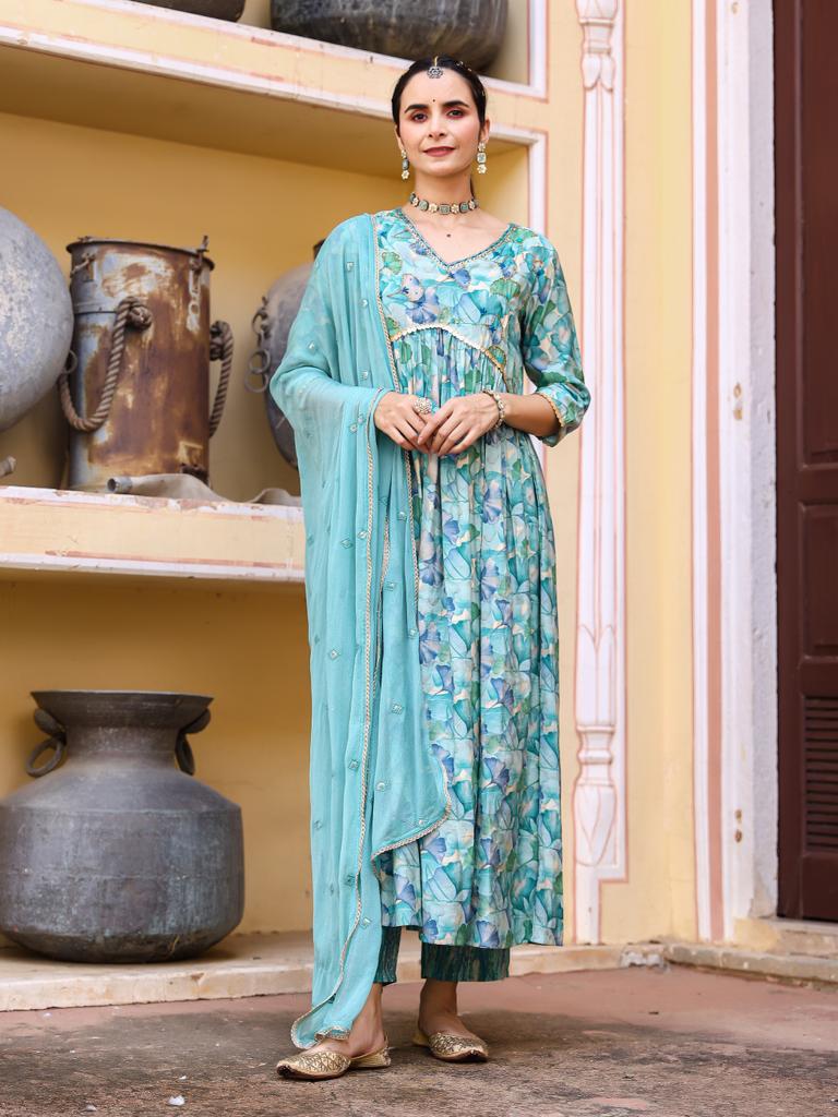 Blue Floral Anarkali Suit Set