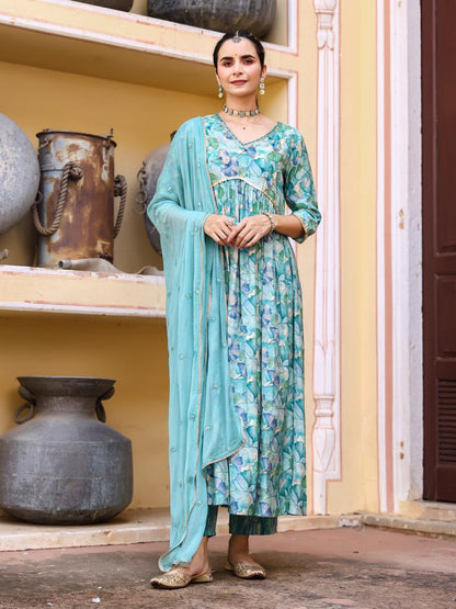 Blue Floral Anarkali Suit Set