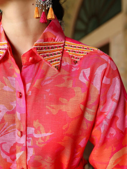 Pink Abstract Linen-blend Co-ord Set