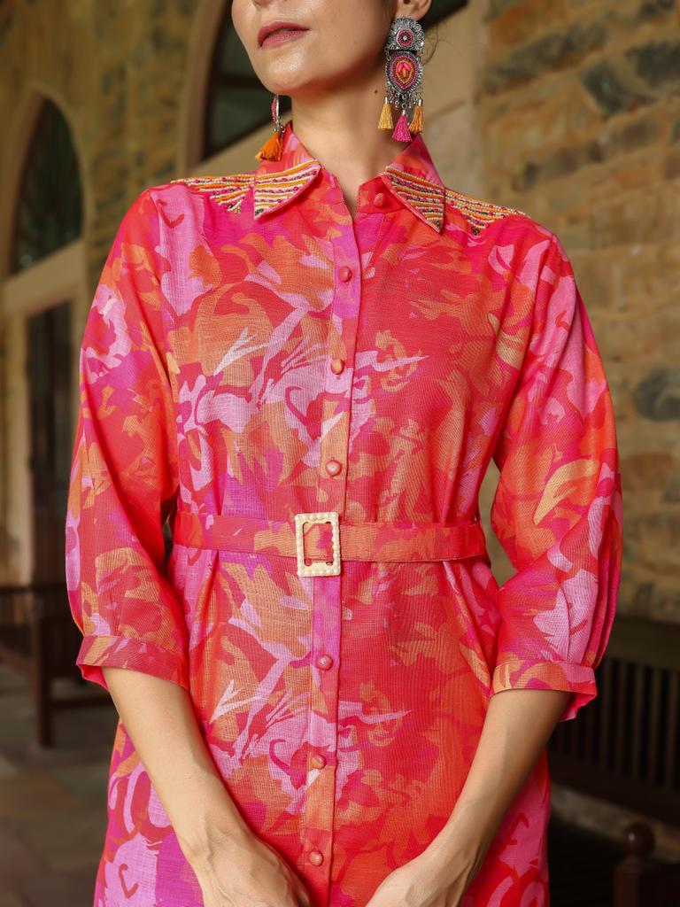 Pink Abstract Linen-blend Co-ord Set