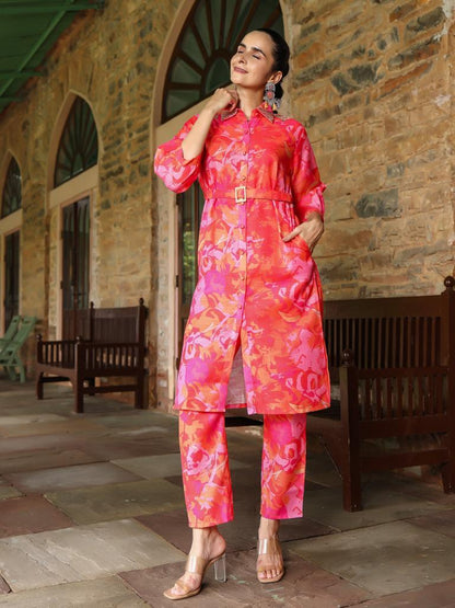 Pink Abstract Linen-blend Co-ord Set