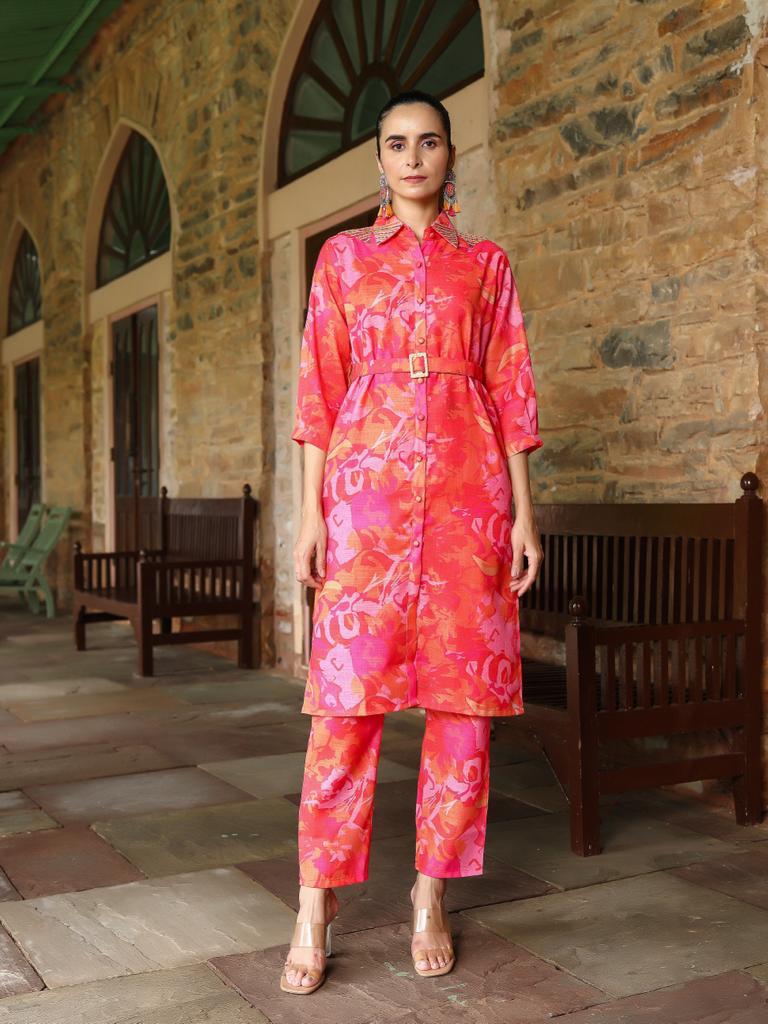 Pink Abstract Linen-blend Co-ord Set