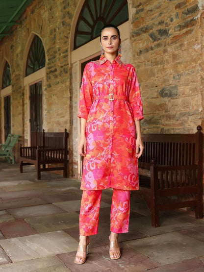 Pink Abstract Linen-blend Co-ord Set