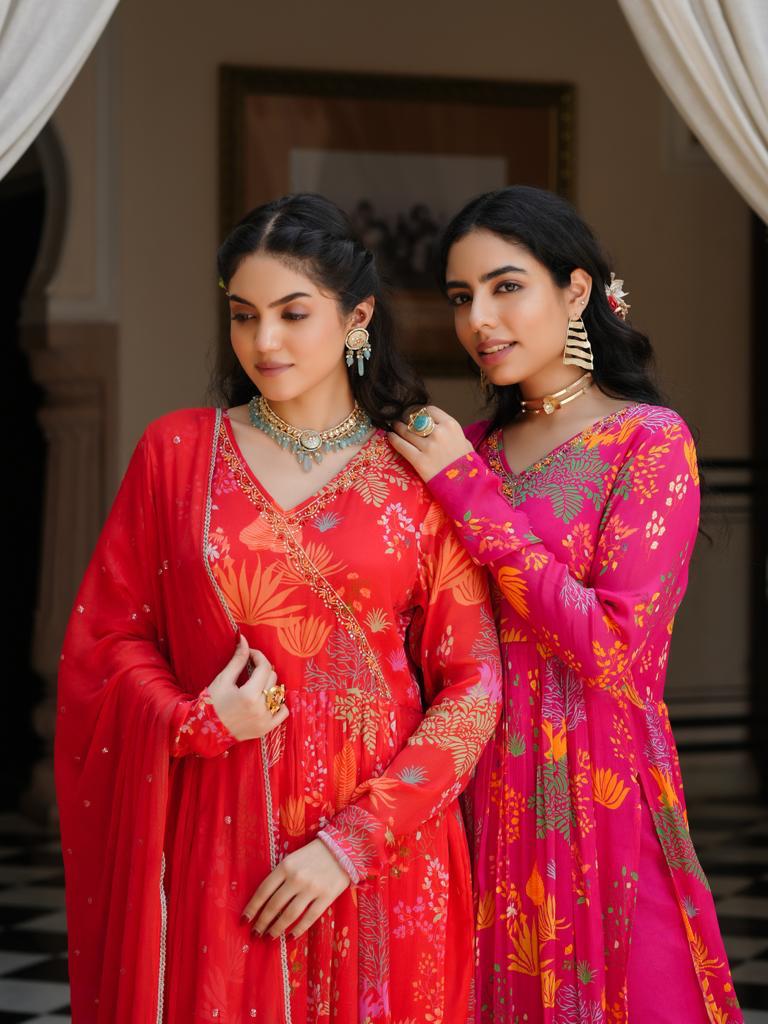Red Chiffon Angrakha Suit Set