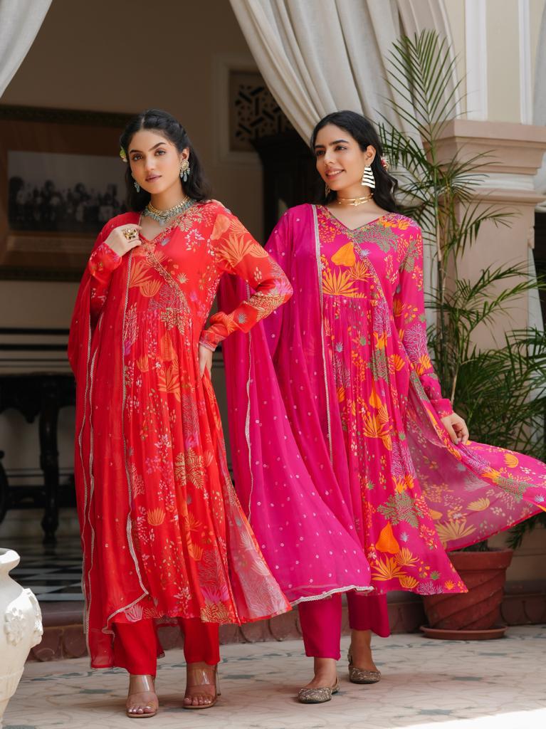 Pink Chiffon Angrakha Suit Set