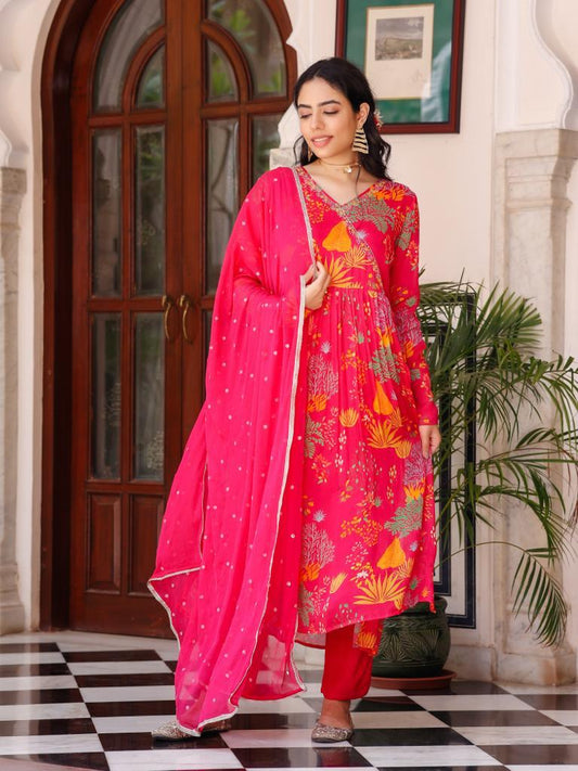 Pink Chiffon Angrakha Suit Set