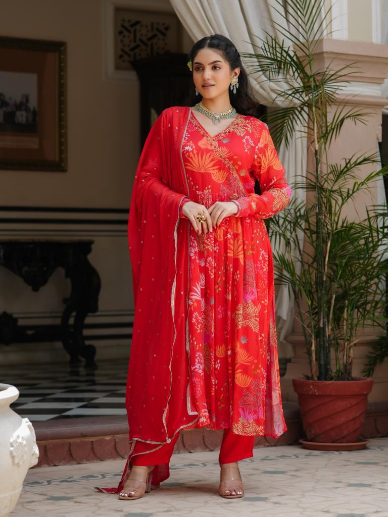 Red Chiffon Angrakha Suit Set