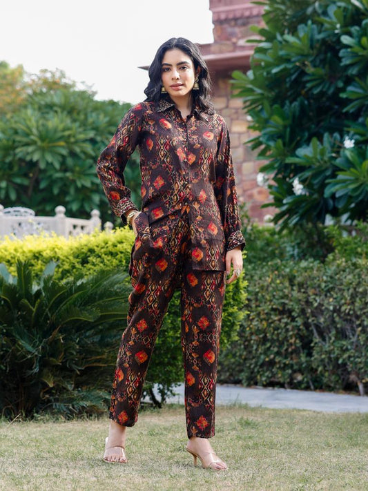 Brown Button-down Abstract Co-ord set
