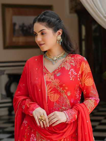 Red Chiffon Angrakha Suit Set