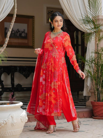 Red Chiffon Angrakha Suit Set
