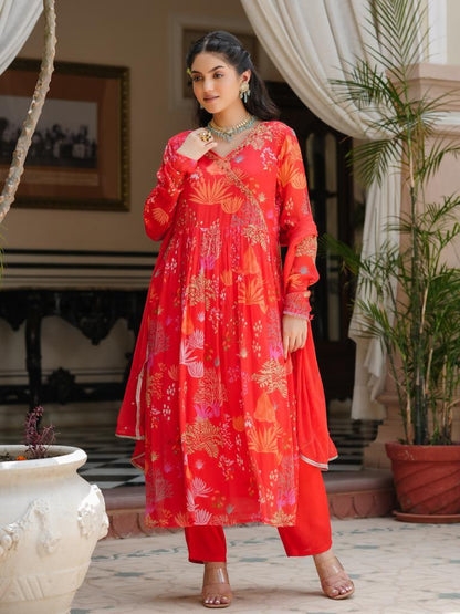 Red Chiffon Angrakha Suit Set
