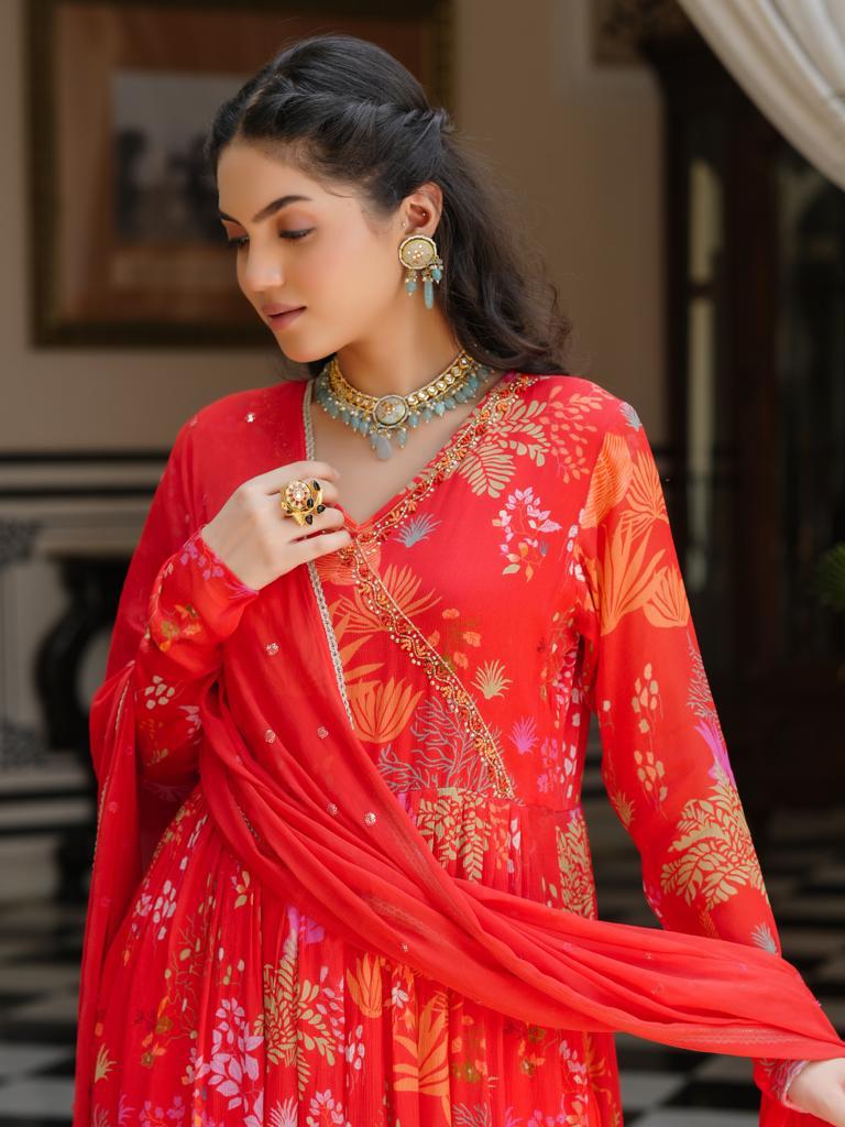 Red Chiffon Angrakha Suit Set