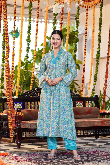 Aqua Blue Floral A-line Suit Set