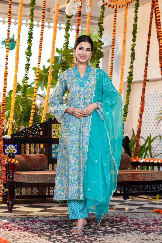 Aqua Blue Floral A-line Suit Set