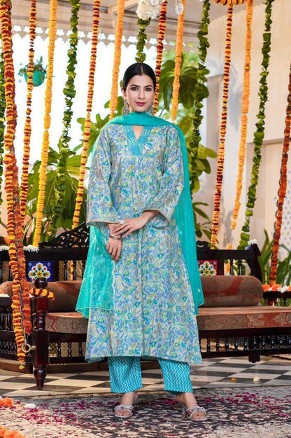 Aqua Blue Floral A-line Suit Set