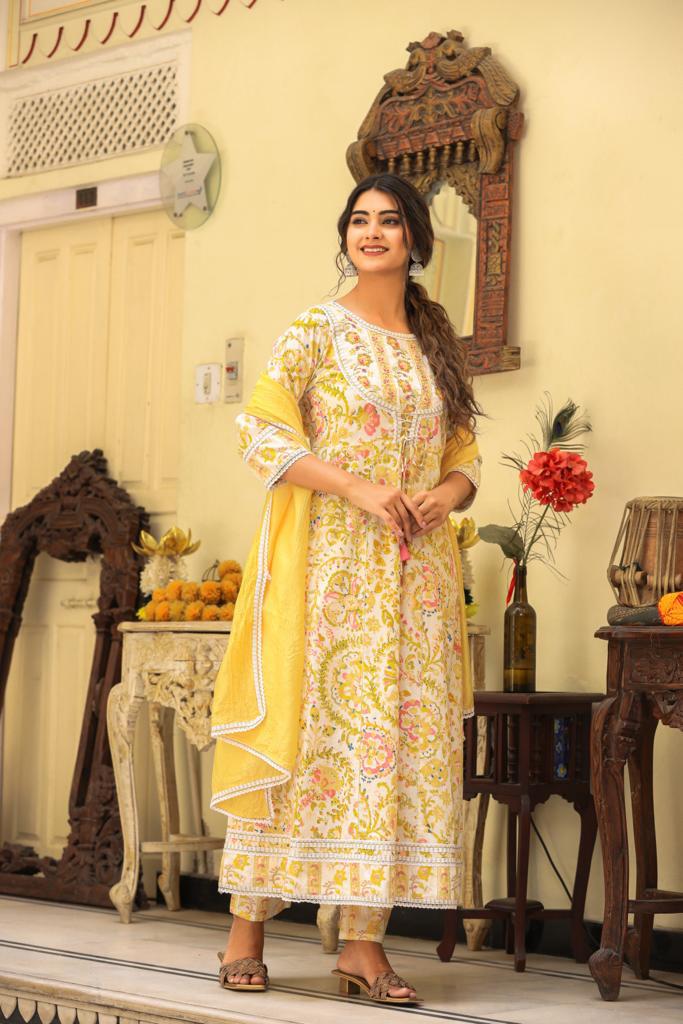 Yellow Anarkali Floral Suit Set