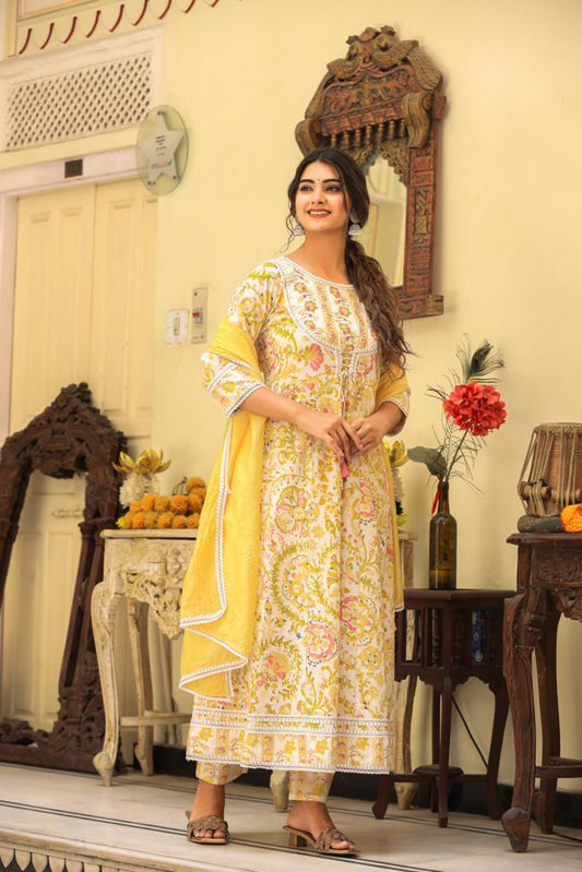Yellow Anarkali Floral Suit Set