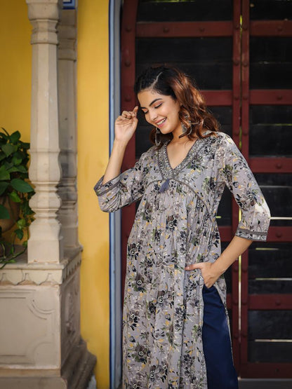 Grey Mul-cotton Kurta Set