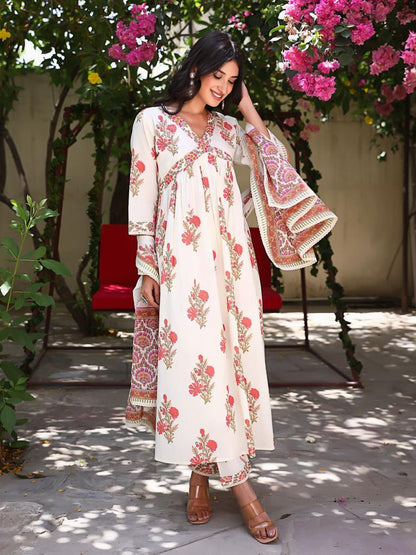 Off-white Mughal Hand-block Suit Set
