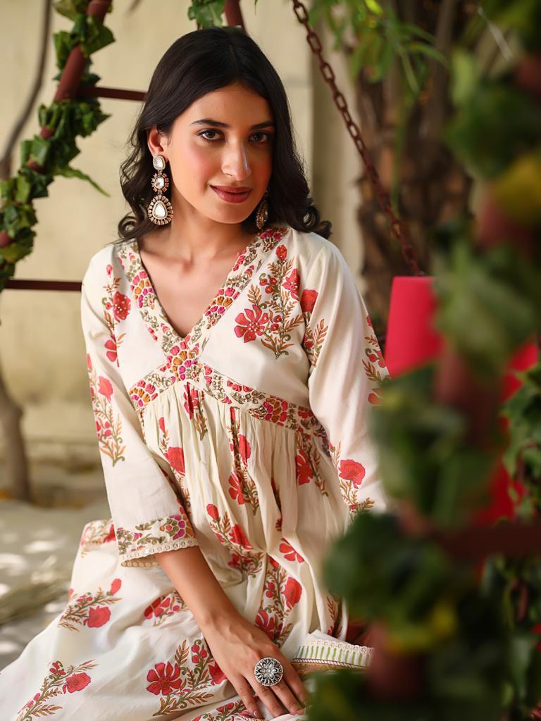 Off-white Mughal Hand-block Suit Set