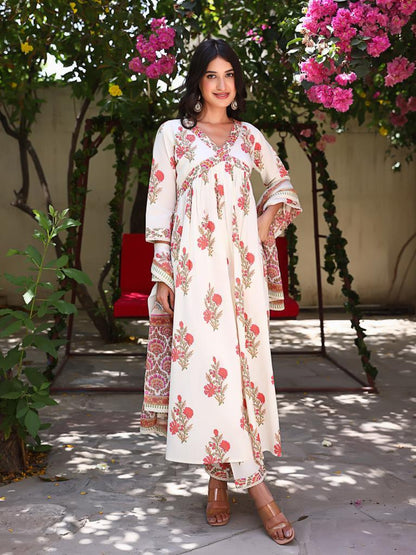 Off-white Mughal Hand-block Suit Set