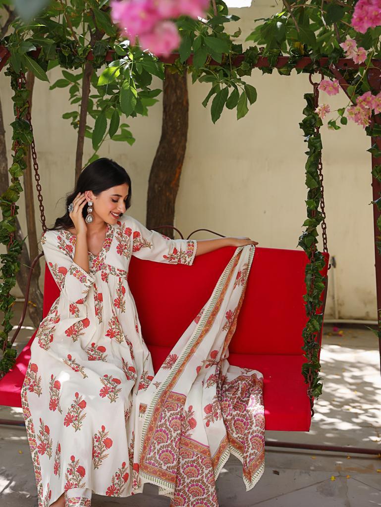 Off-white Mughal Hand-block Suit Set