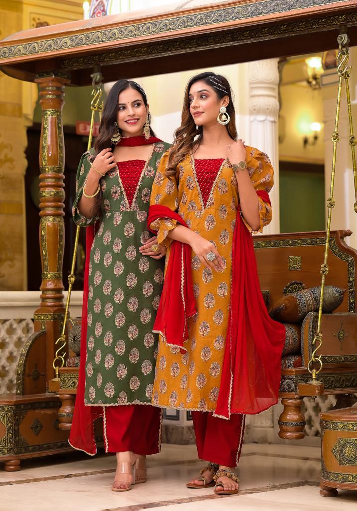 Dark Olive Hand-embroidered Suit Set