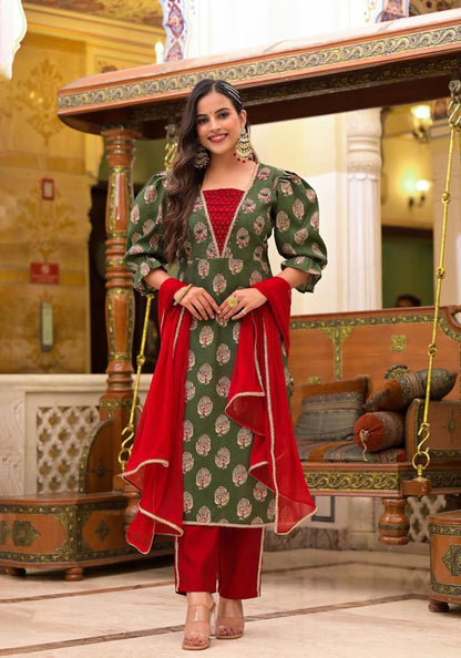 Dark Olive Hand-embroidered Suit Set