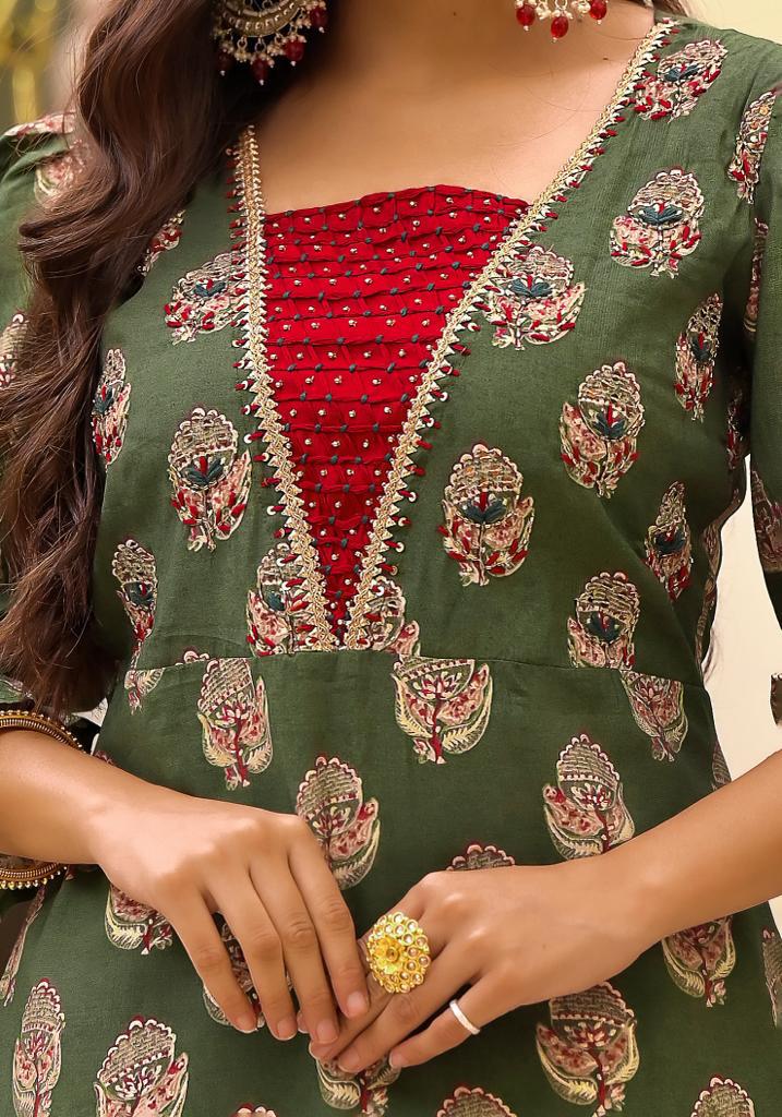 Dark Olive Hand-embroidered Suit Set