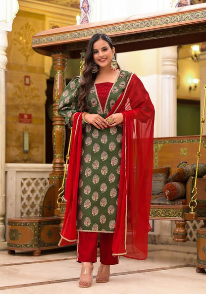 Dark Olive Hand-embroidered Suit Set