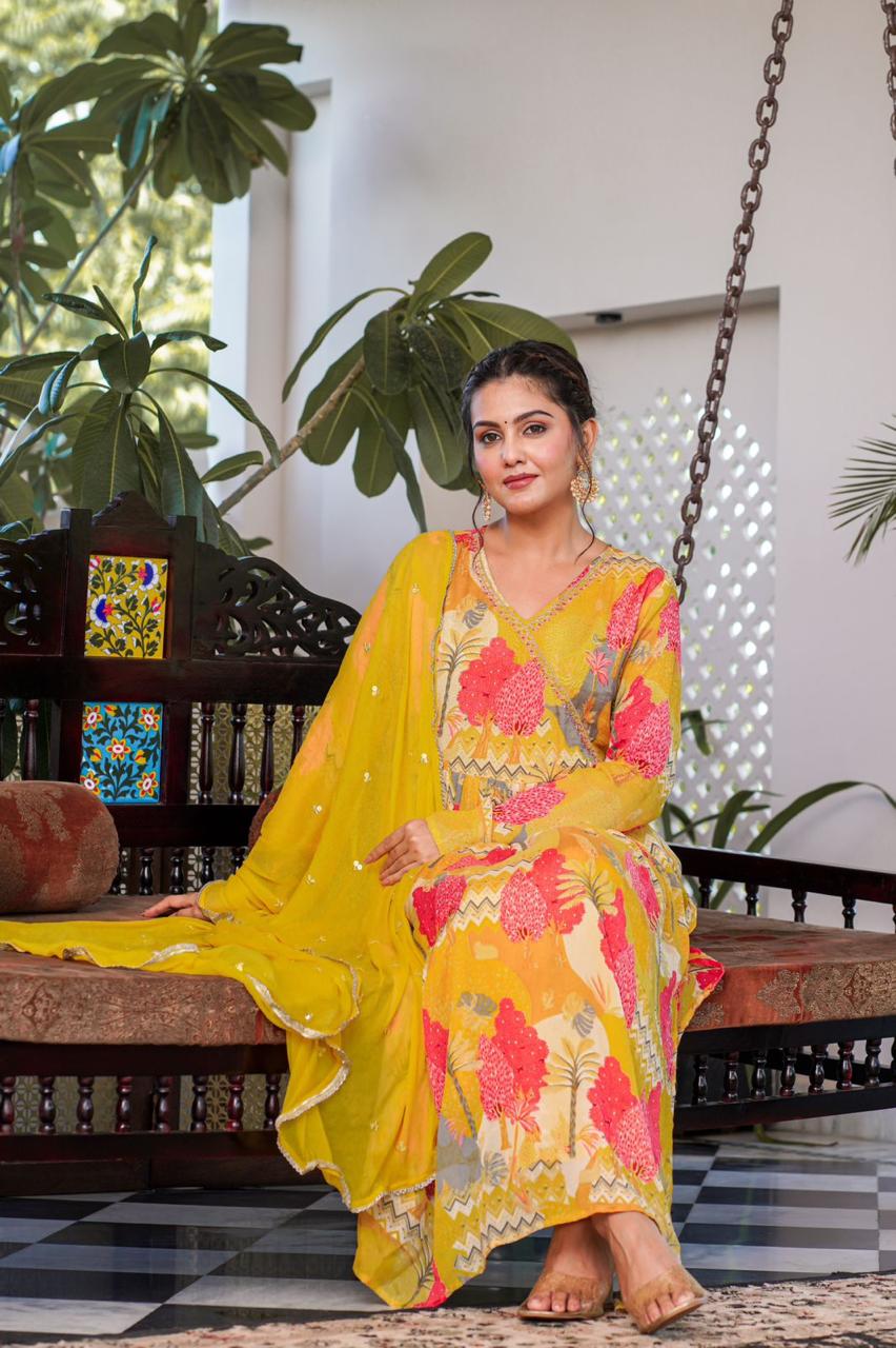 Lime Yellow Angrakha Suit Set