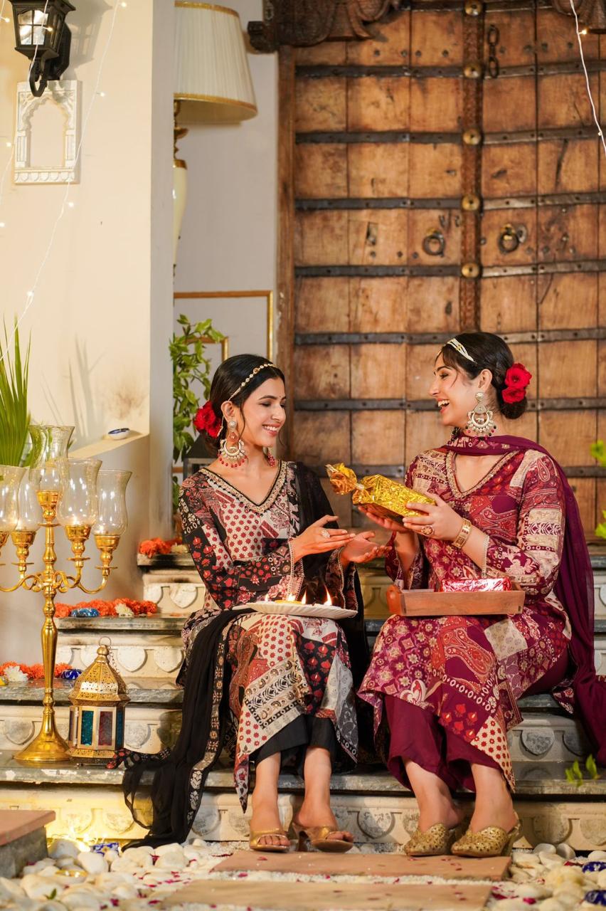 Wine Pakistani A-line Suit Set