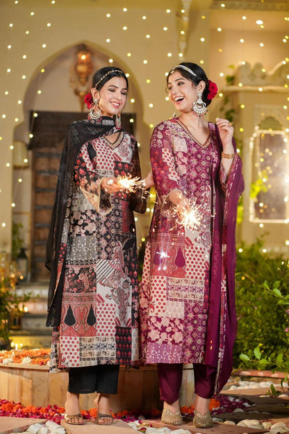 Wine Pakistani A-line Suit Set