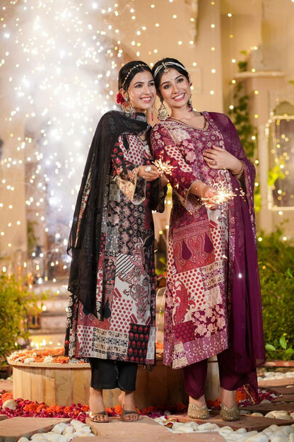 Wine Pakistani A-line Suit Set