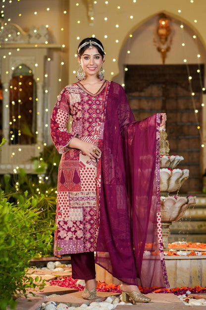 Wine Pakistani A-line Suit Set