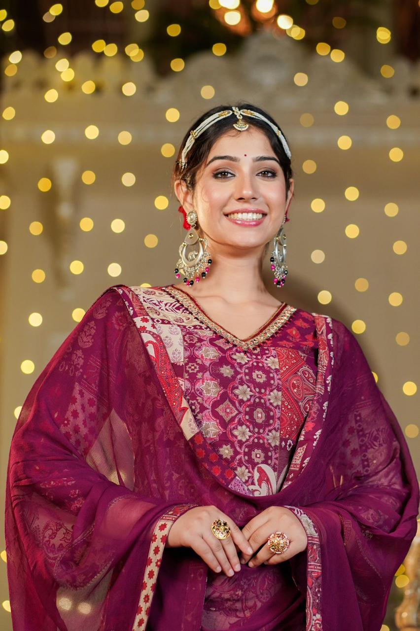 Wine Pakistani A-line Suit Set