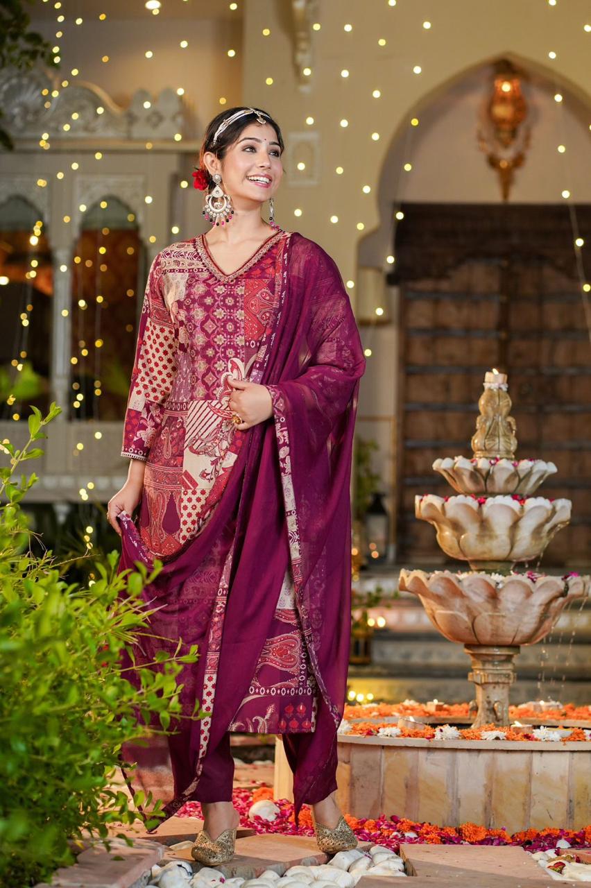 Wine Pakistani A-line Suit Set
